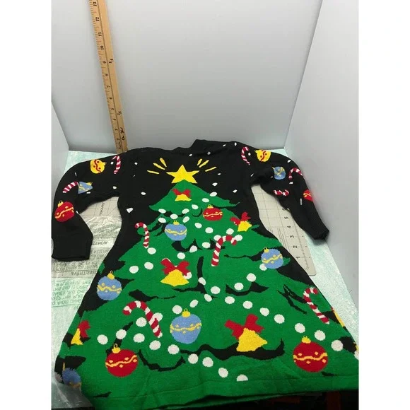 Girls Christmas Tree Sweater Dress Black Knit Long Sleeve Holiday Size M - Picture 5 of 8